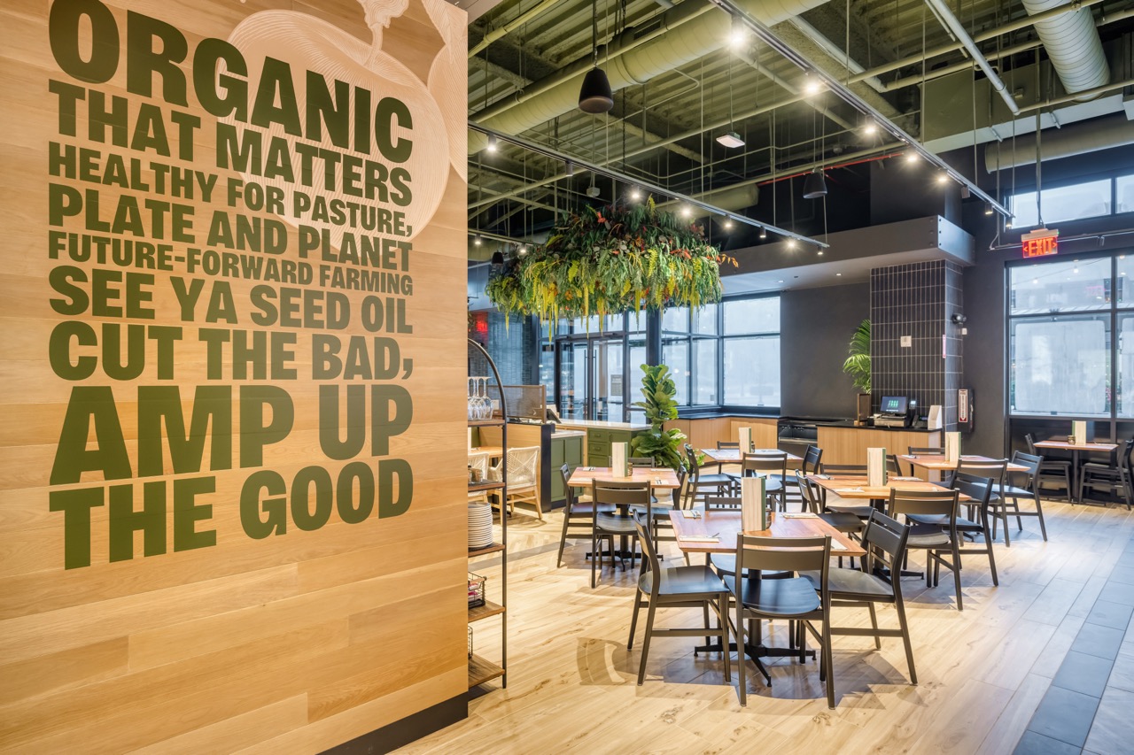 Exterior view of a True Food Kitchen restaurant, showcasing its modern architecture with large glass windows and wooden beams, surrounded by greenery and clear blue skies.